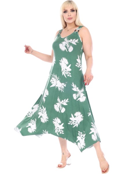 Butik Yeşil Beyaz Yaprak Desen Askılı V Yaka Elbise