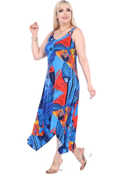 Butik Sax Balık Desen Askılı V Yaka Elbise