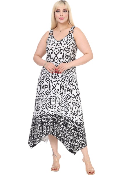 Butik Beyaz Siyah Kilim Desen Askılı V Yaka Elbise fiyatları