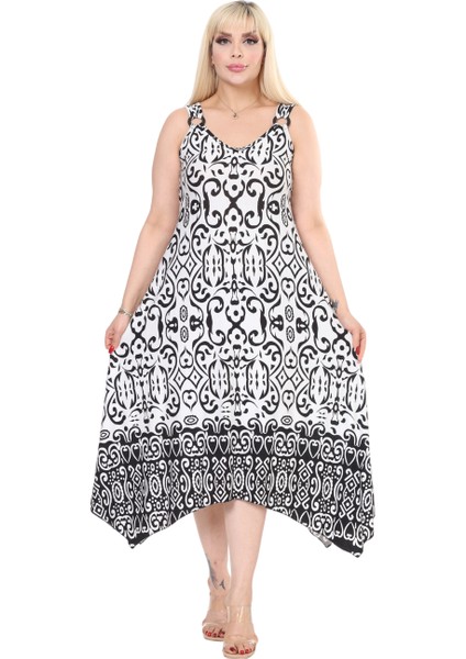 Butik Beyaz Siyah Kilim Desen Askılı V Yaka Elbise modelleri