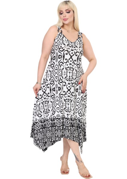 Butik Beyaz Siyah Kilim Desen Askılı V Yaka Elbise fırsatları