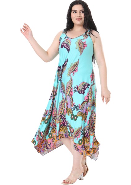 Butik Turkuaz Renkli Şal Desenli Askılı V Yaka Elbise