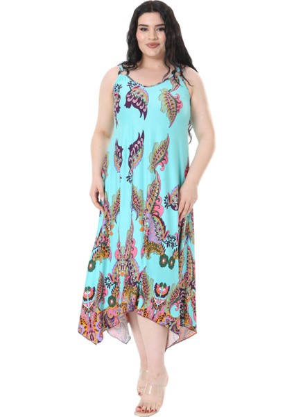 Butik Turkuaz Renkli Şal Desenli Askılı V Yaka Elbise fırsatları