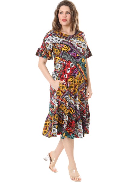 Butik Kısa Kollu Fırfırlı Cepli Sarı Patchwork Desenli Midi Elbise