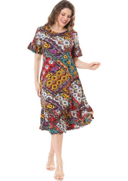 Butik Kısa Kollu Fırfırlı Cepli Sarı Patchwork Desenli Midi Elbise modelleri