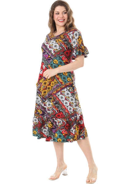 Butik Kısa Kollu Fırfırlı Cepli Sarı Patchwork Desenli Midi Elbise fırsatları