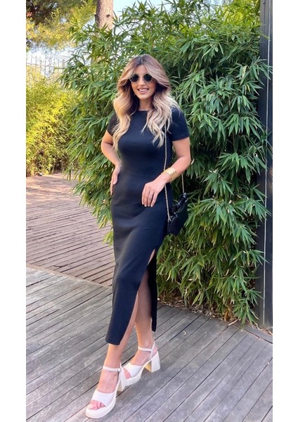 Kadın Kısa Kollu Bisiklet Yaka Yırtmaç Detay Fitilli Kaşkorse Tam Boy Elbise modelleri