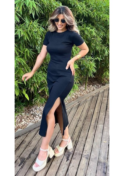 Kadın Kısa Kollu Bisiklet Yaka Yırtmaç Detay Fitilli Kaşkorse Tam Boy Elbise fırsatları