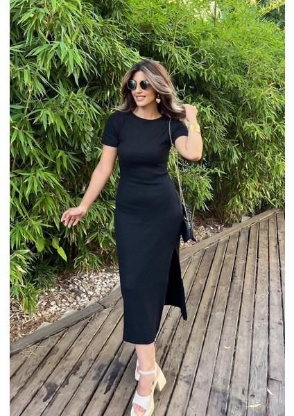 Kadın Kısa Kollu Bisiklet Yaka Yırtmaç Detay Fitilli Kaşkorse Tam Boy Elbise indirimleri