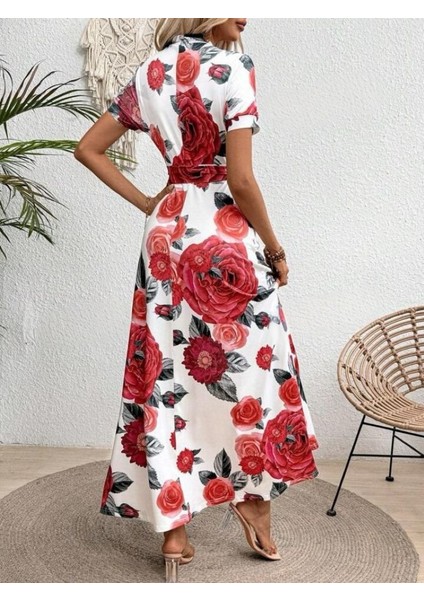 Kadın Kısa Kollu Pencere Detay Gül Baskılı Tam Boy Kiloş Elbise fiyatları