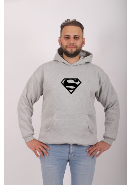 Superman Baskılı Oversıze Rahat Kalıp Unısex Kapüşonlu Sweatshırt