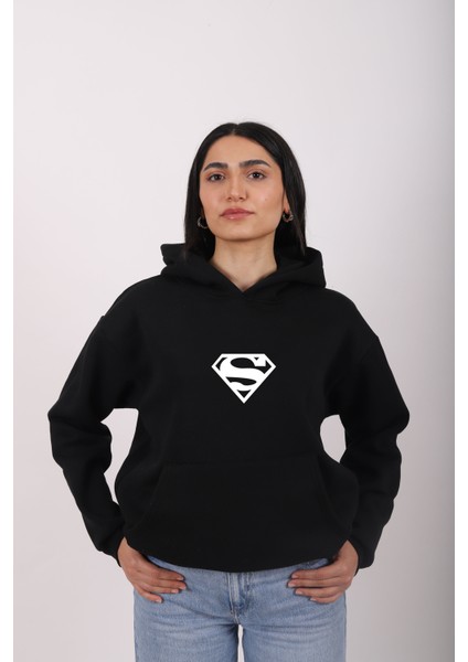 Superman Baskılı Oversıze Rahat Kalıp Unısex Kapüşonlu Sweatshırt