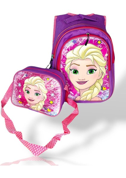 Elsa Kız Çocuk Ilkokul Işıklı Okul Sırt Çantası + Beslenme Çantası