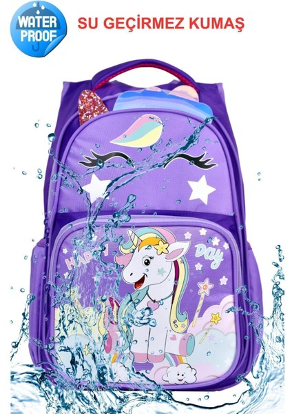 Mor Unicorn Baskılı, Su Geçirmez, Sırt Özellikli, Ilkokul Çantası + Beslenme Çantası modelleri