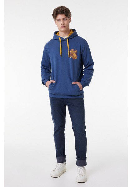 Regular Fit Normal Kesim Kapüşonlu Şardonlu İndigo Sweatshirt