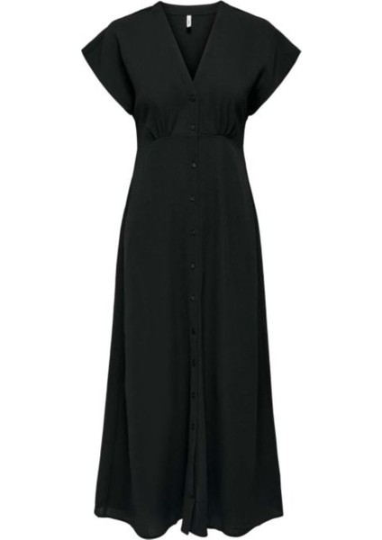 V Yaka Düz Siyah Uzun Kadın Elbise Onlnova Lıfe Vıs Mollıe Long Dress