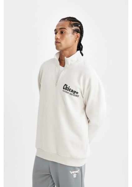 Fit NBA Chicago Bulls Oversize Geniş Kalıp Dik Yaka Fermualı Sweatshirt C9270AX24AU