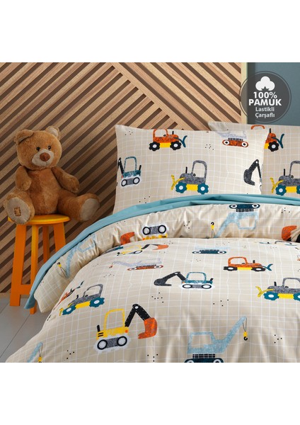 Construction Pamuk Tek Kişilik Lastikli Çarşaflı Nevresim Takımı