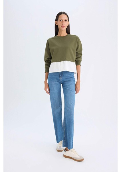Relax Fit Bisiklet Yaka Etek Ucu Detaylı Basic Düz Sweatshirt D5620AX24AU