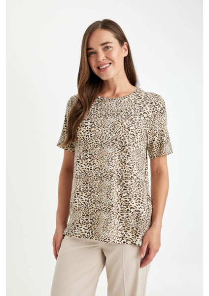 Regular Fit Bisiklet Yaka Leopar Desenli Kısa Kollu Tişört D5758AX24HS