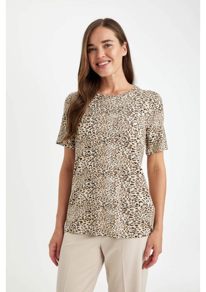 Regular Fit Bisiklet Yaka Leopar Desenli Kısa Kollu Tişört D5758AX24HS