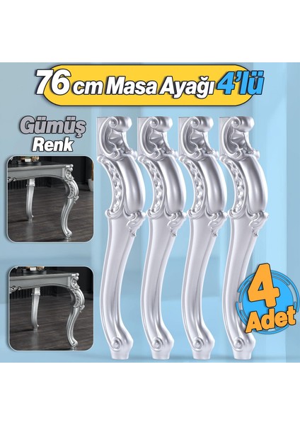 4 Adet Valenta Masa Dresuar Ayağı 76 cm Gümüş Ayak Mutfak Yemek Masası Mobilya Ayakları Gümüş Gri