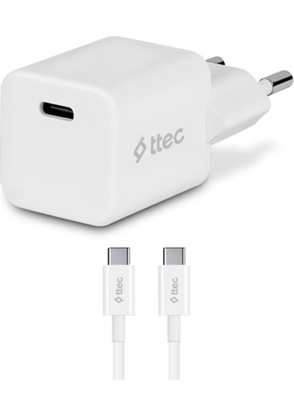 20W Pd Seyahat Hızlı Şarj Aleti + Usb-C - Usb-C 3A Kablo Beyaz Typ-C