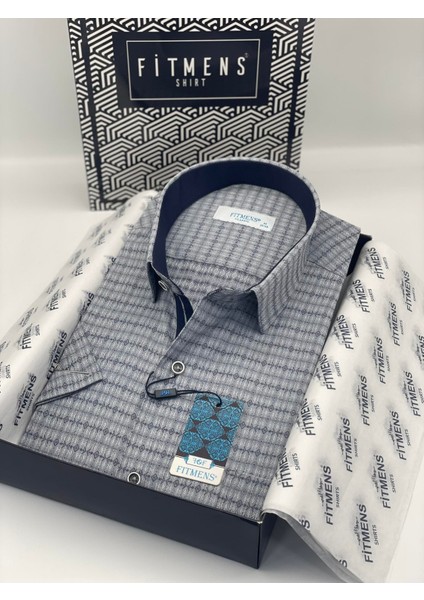 Klasik Kısa Kol Desenli Hediye Kutulu Erkek GÖMLEK(CODE:C.513) - Lacivert