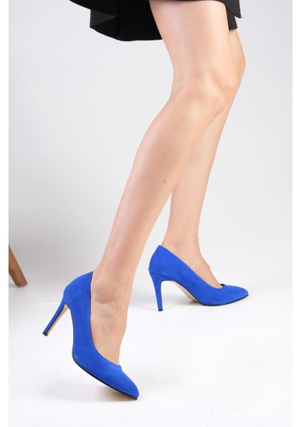 Elora Hakiki Süet Saks Mavi Renk Kadın Stiletto Ayakkabı
