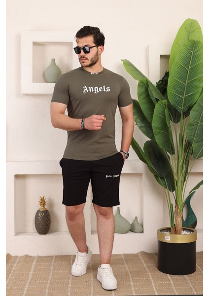 Unisex Angels Baskılı Relaxed Fit Alt Üst Şort T-Shirt Takım