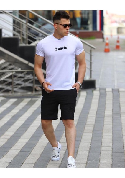 Unisex Angels Baskılı Relaxed Fit Alt Üst Şort T-Shirt Takım