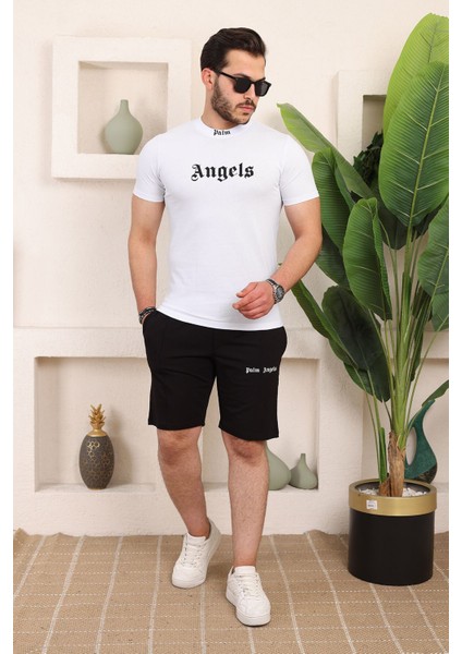 Unisex Angels Baskılı Relaxed Fit Alt Üst Şort T-Shirt Takım modelleri