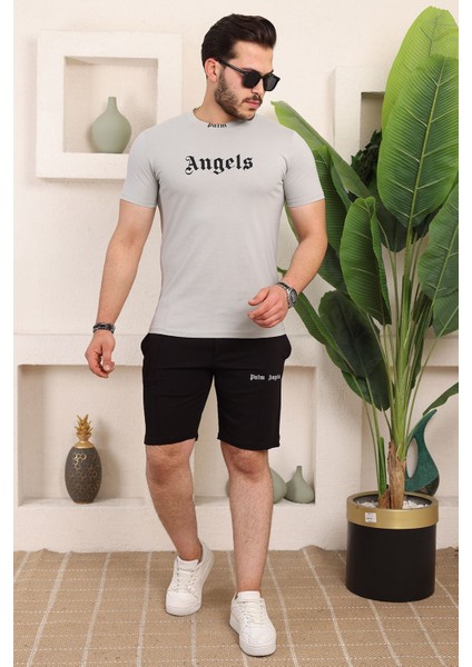 Unisex Angels Baskılı Relaxed Fit Alt Üst Şort T-Shirt Takım