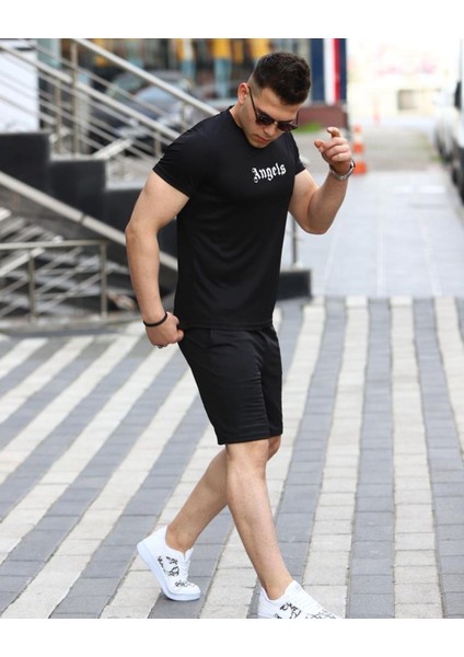 Unisex Angels Baskılı Relaxed Fit Alt Üst Şort T-Shirt Takım fiyatları