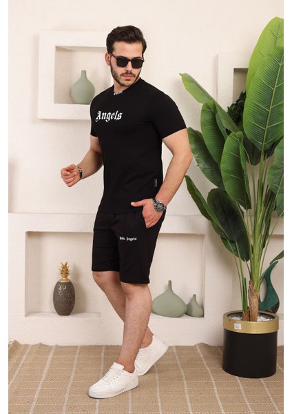 Unisex Angels Baskılı Relaxed Fit Alt Üst Şort T-Shirt Takım modelleri