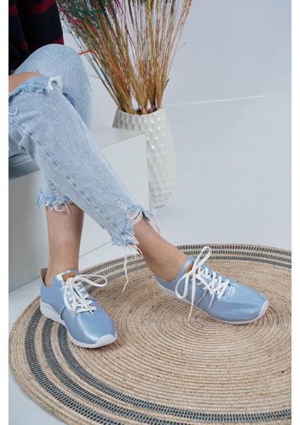 Hakiki Deri Mavi Ince Baskılı Kadın Sneaker Ayakkabı 221110106