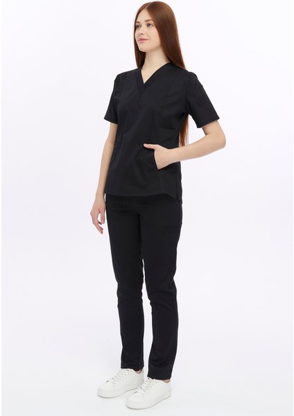 Likralı Kadın Hemşire ve Doktor Forması Hastane Üniforması Medikal Takım Siyah