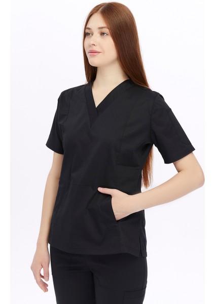 Likralı Kadın Hemşire ve Doktor Forması Hastane Üniforması Medikal Takım Siyah modelleri