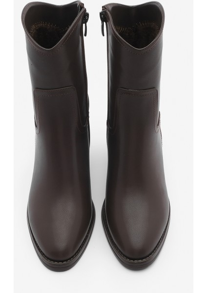 Kadın Fermuarlı Sivri Burun Kalın Topuklu Bot Tasim Kahve