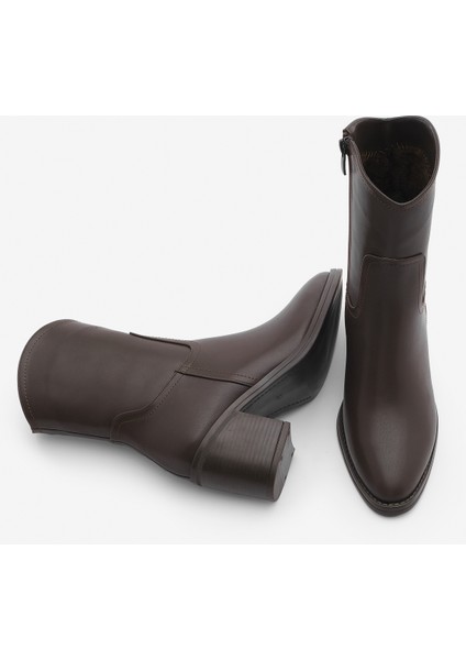 Kadın Fermuarlı Sivri Burun Kalın Topuklu Bot Tasim Kahve