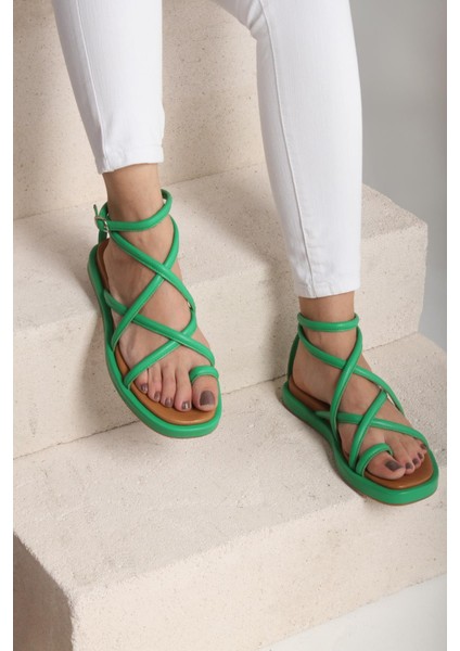 Kadın Yeşil Hakiki Deri Sandalet
