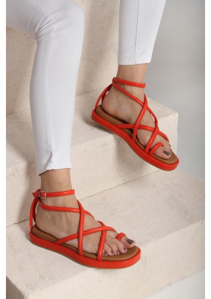 Kadın Kırmızı Hakiki Deri Sandalet
