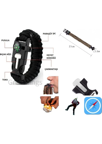 Survival Pusulalı Hayatta Kalma Bilekliği Kamp Bileklik Düdük Çok Amaçlı Outdoor Aksesuar Kit Askeri