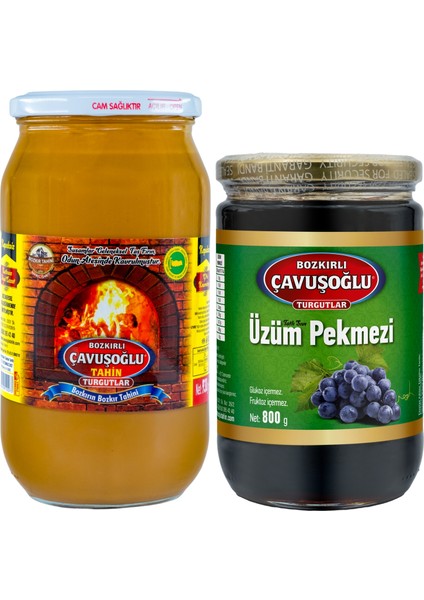 Odun Ateşinde Kepekli Bozkır Tahini Cam Kavanoz 930 gr + Üzüm Pekmezi Cam Kavanoz 800 gr