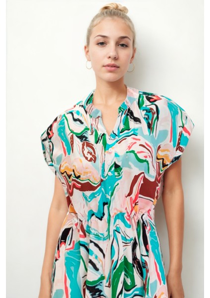 Beli Lastikli Desenli Kısa Kol Elbise fiyatları