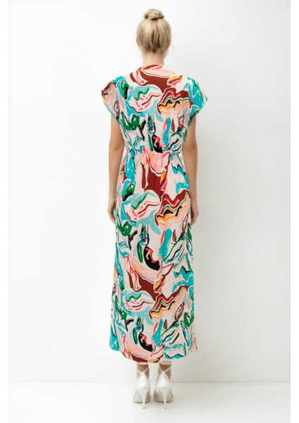 Beli Lastikli Desenli Kısa Kol Elbise modelleri