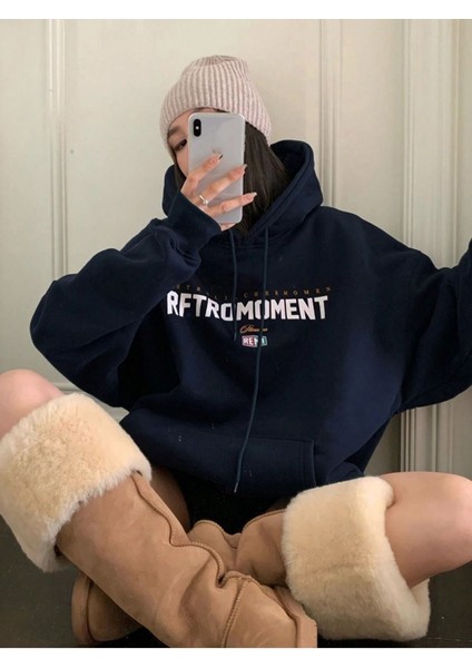 Kadın Lacivert Retromoment Baskılı Oversize Kapüşonlu Sweatshirt fırsatları