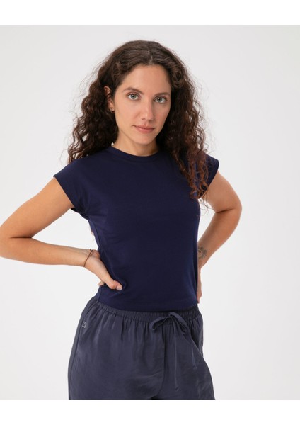 Lacivert Organik Pamuk Basic Half Crop T-shirt