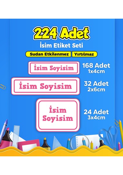 Okul Kreş İsim Etiketi Kalem Defter Özel İsim Yazılabilen Etiket Seti Model 37 - 224 Adet