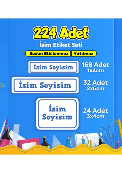 Sb Store Okul Kreş İsim Etiketi Kalem Defter Özel İsim Yazılabilen Etiket Seti - 224 Adet